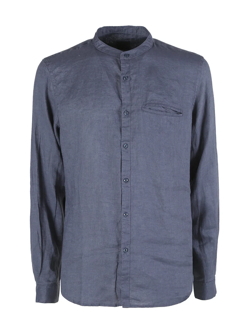 Camicia in lino da uomo alla coreana con maniche lunghe - blu scuro