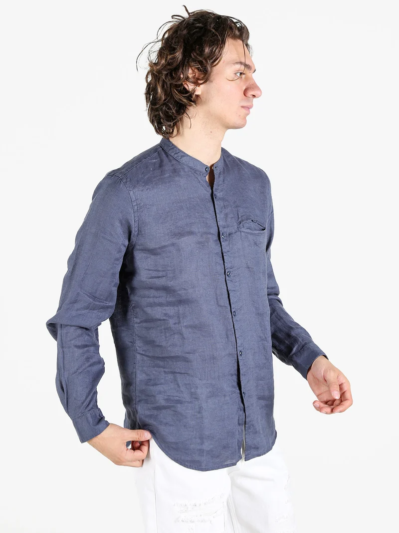 Camicia in lino da uomo alla coreana con maniche lunghe - blu scuro