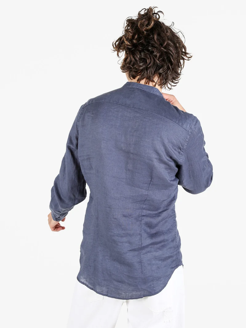 Camicia in lino da uomo alla coreana con maniche lunghe - blu scuro