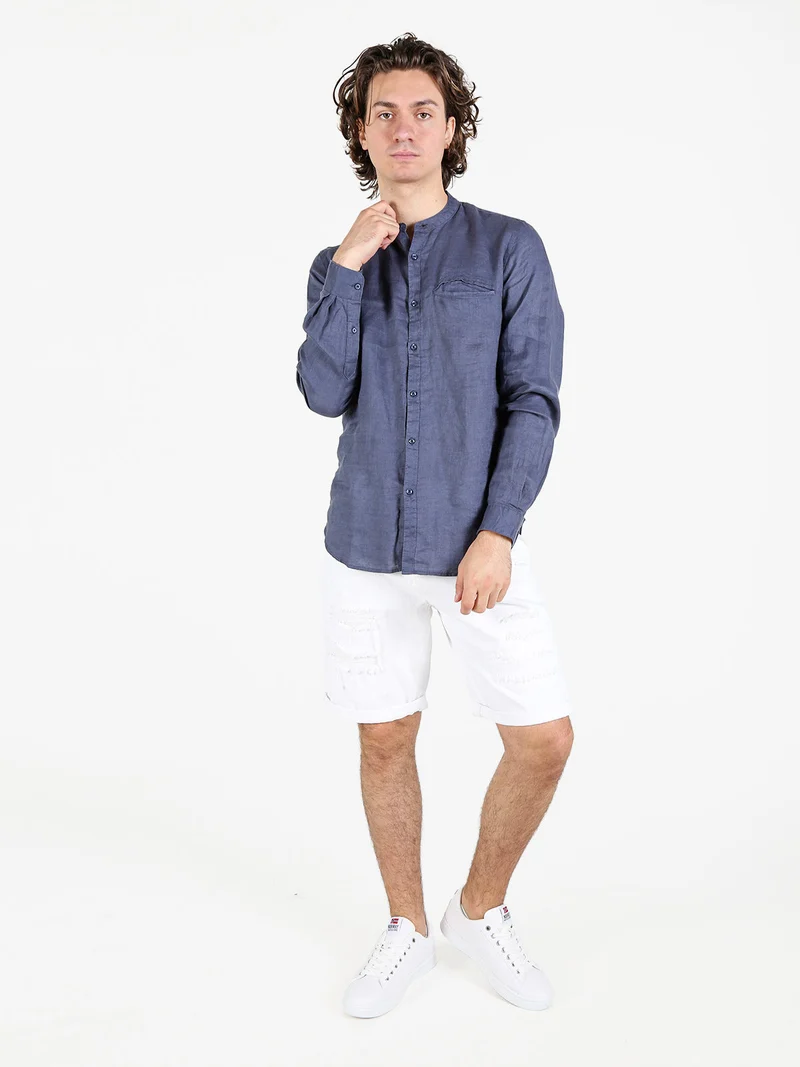 Camicia in lino da uomo alla coreana con maniche lunghe - blu scuro