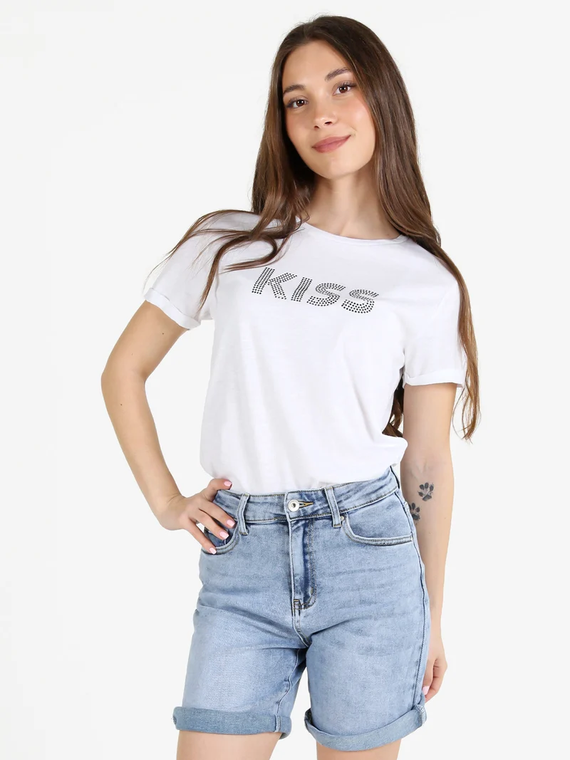 T-shirt donna in cotone con borchie - bianco