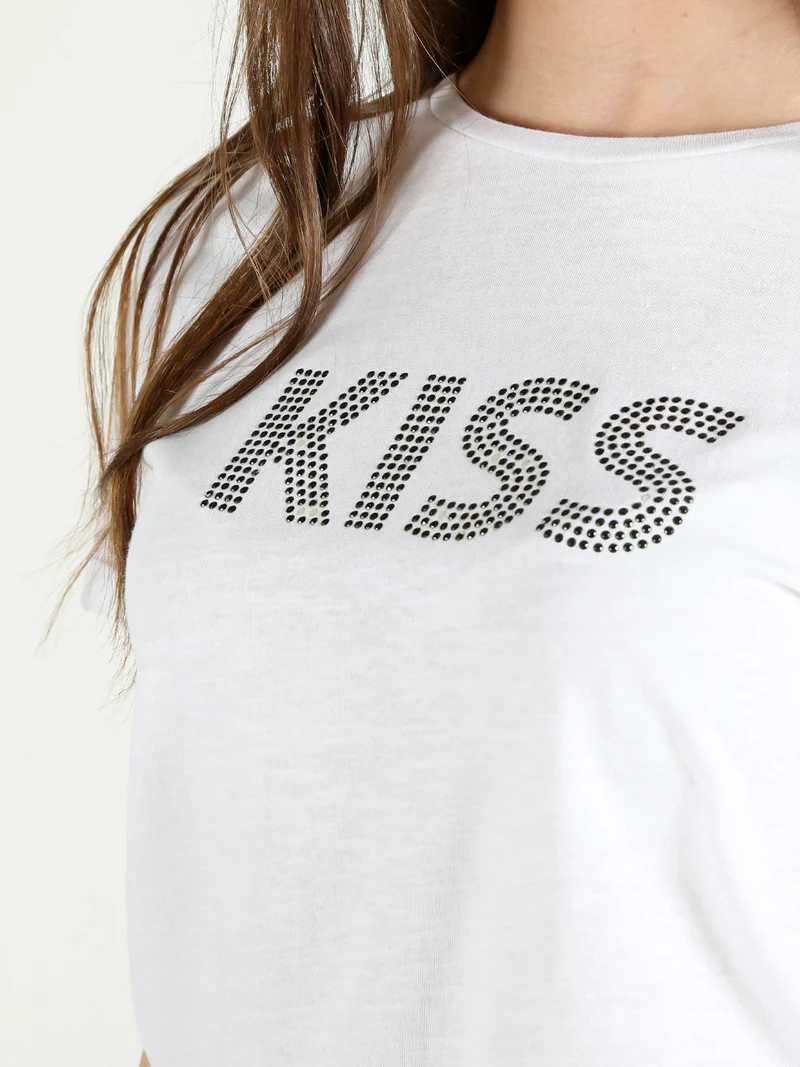 T-shirt donna in cotone con borchie - bianco