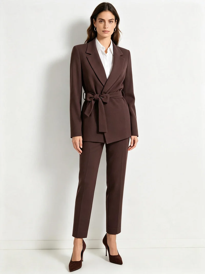 Completo elegante da donna con blazer aperto e pantaloni a gamba dritta - moro
