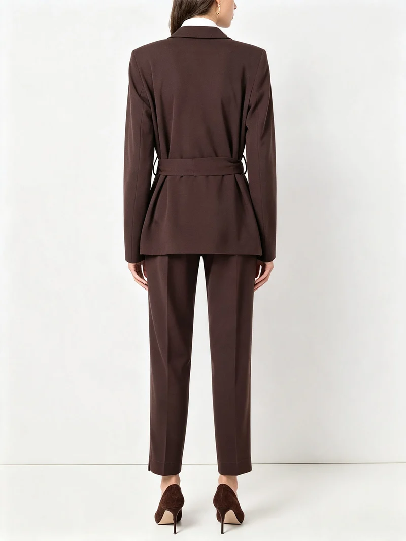 Completo elegante da donna con blazer aperto e pantaloni a gamba dritta - moro