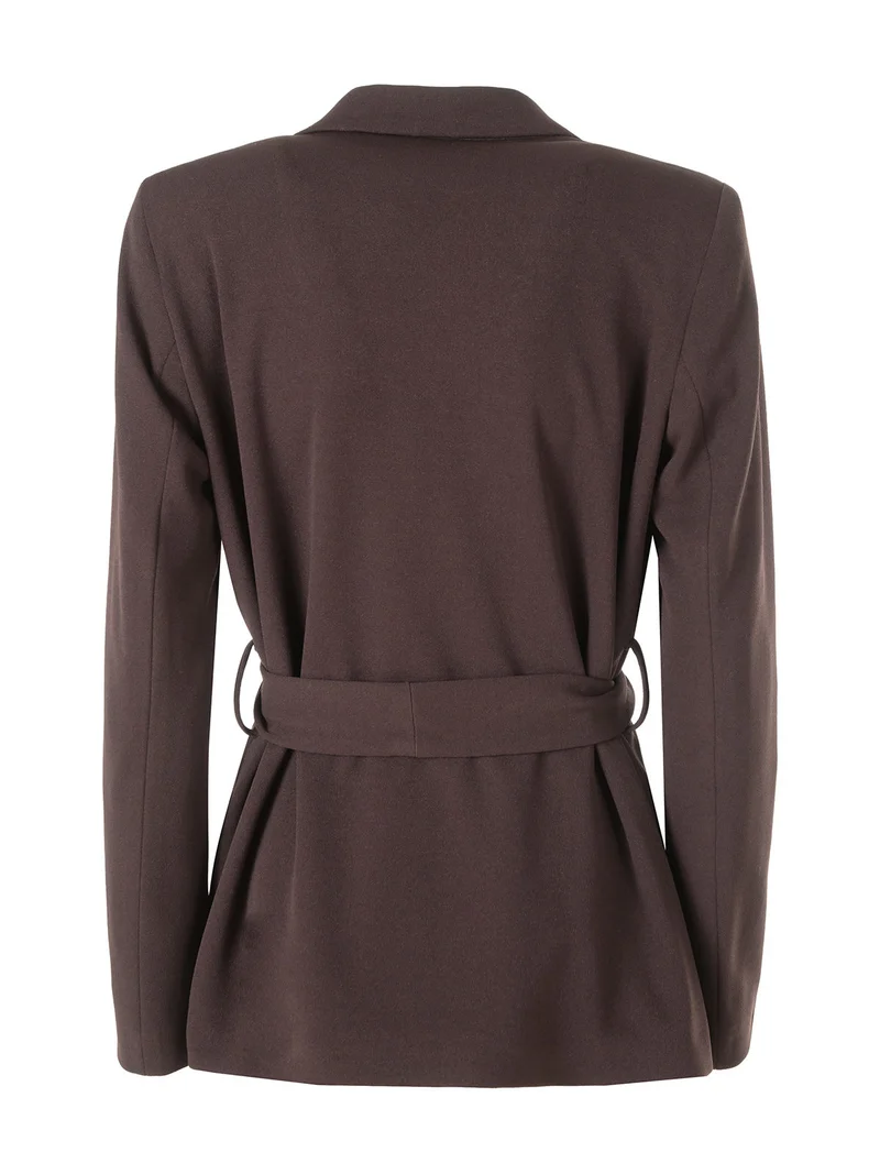 Completo elegante da donna con blazer aperto e pantaloni a gamba dritta - moro