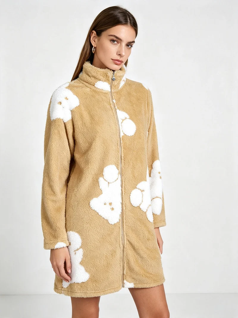Vestaglia donna full zip in ecopelo - khaki