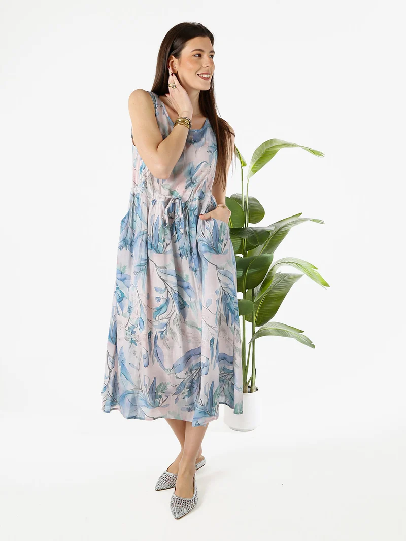 Abito lungo da donna fiorato senza maniche - blu