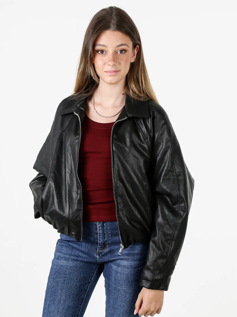 Giacca cropped da donna imbottita in ecopelle - nero