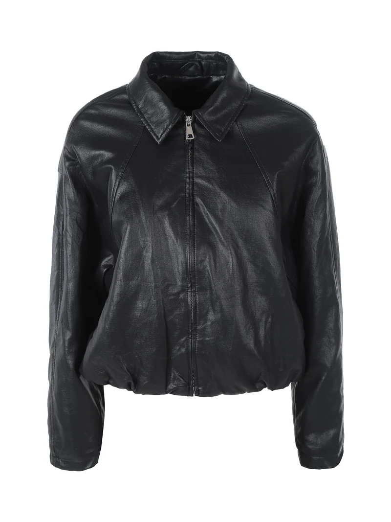 Giacca cropped da donna imbottita in ecopelle - nero