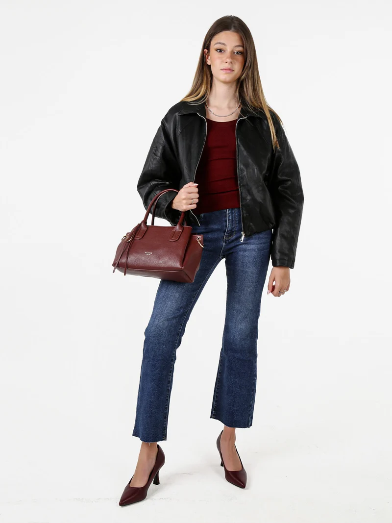 Giacca cropped da donna imbottita in ecopelle - nero