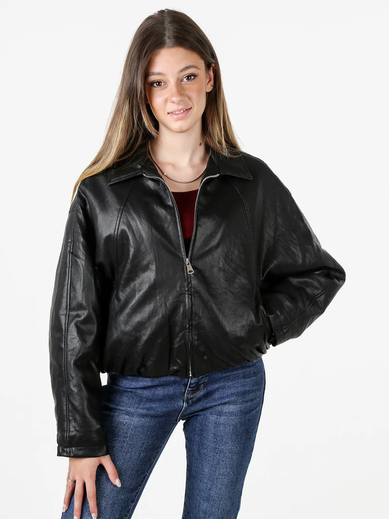 Giacca cropped da donna imbottita in ecopelle - nero