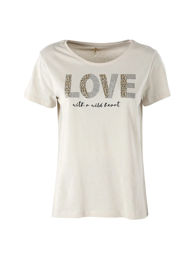 T-shirt donna in cotone con stampa animalier e micro borchie - sabbia