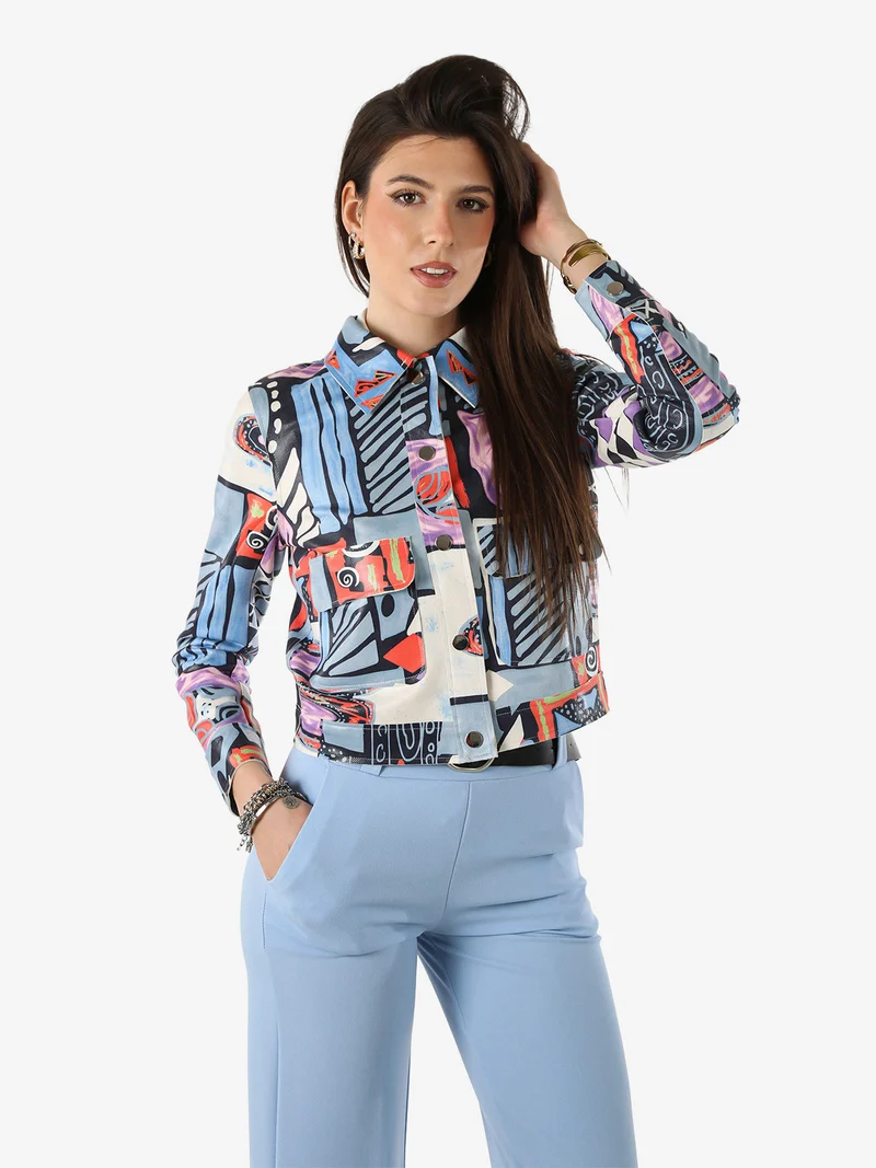 Giacca donna con stampa colorata e bottoni - azzurro