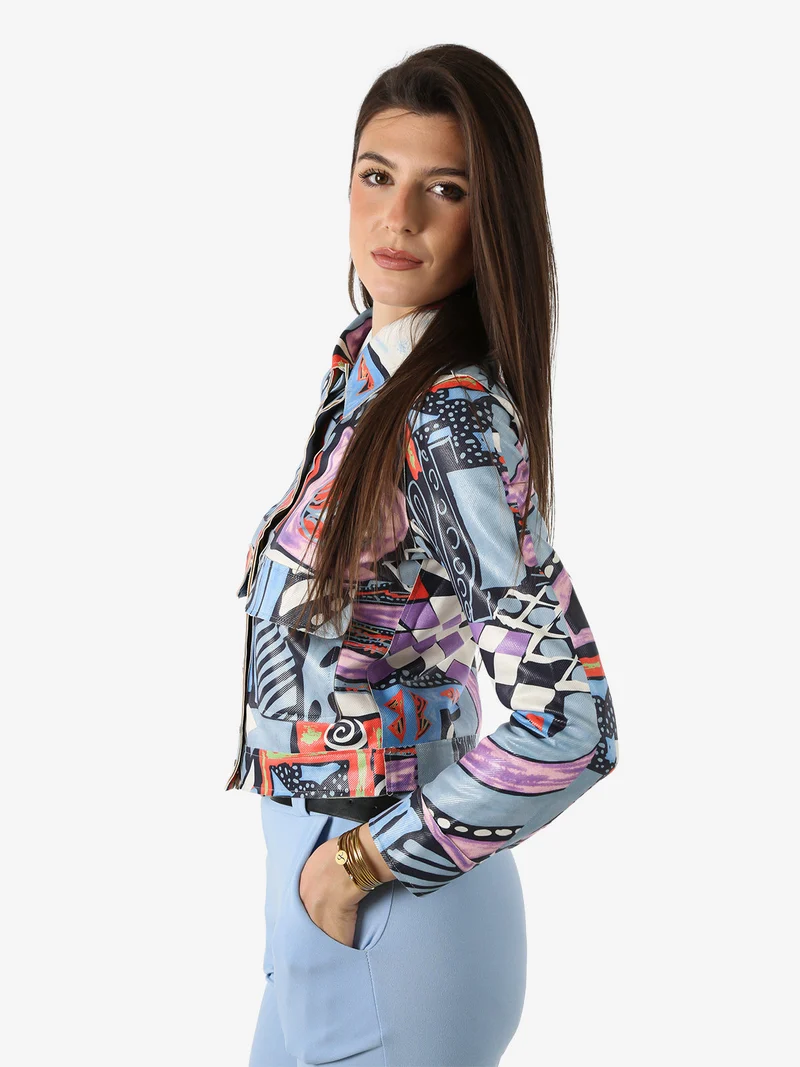 Giacca donna con stampa colorata e bottoni - azzurro