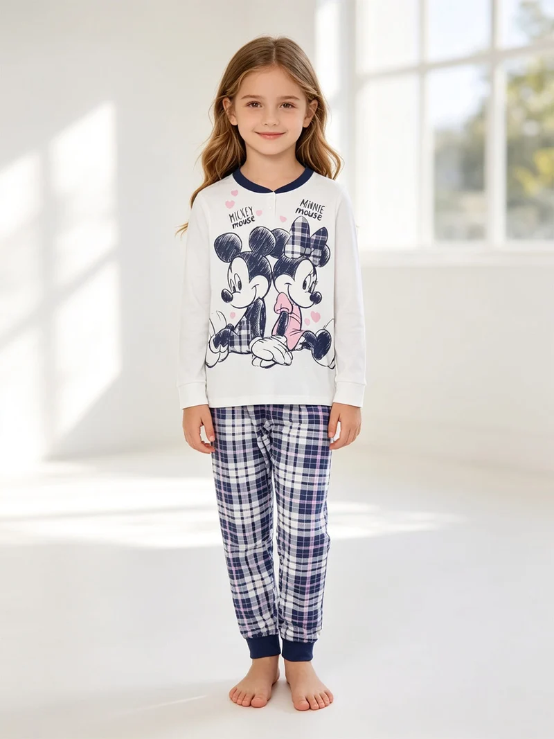 MINNIE e TOPOLINO Pigiama lungo in caldo cotone da bambina a quadri - panna