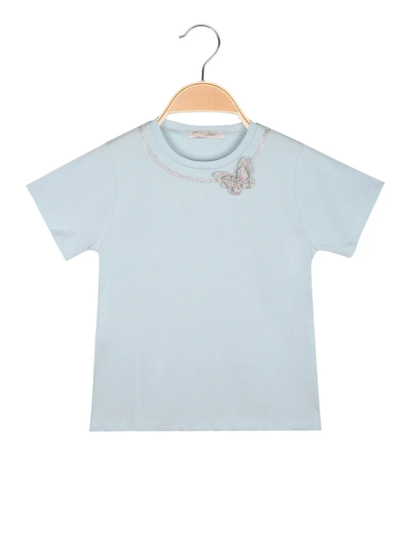 T-shirt da bambina con girocollo di strass e dettaglio farfalla - azzurro
