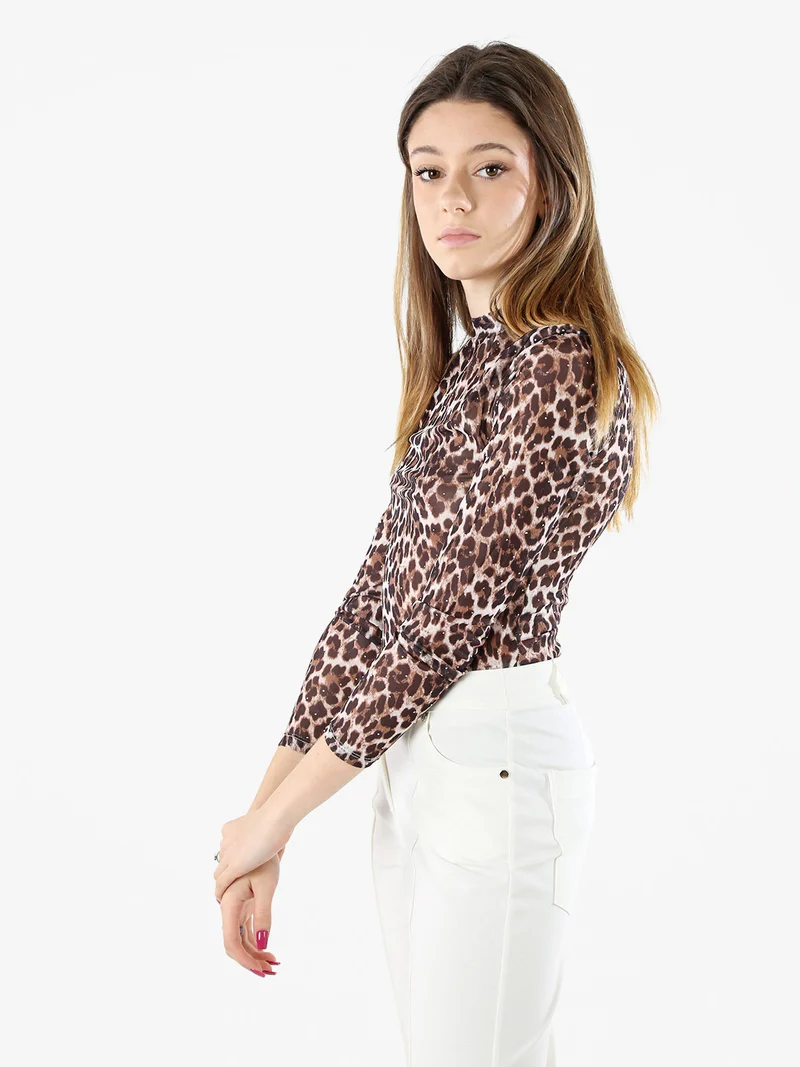Top body donna animalier a maniche lunghe - multicolore