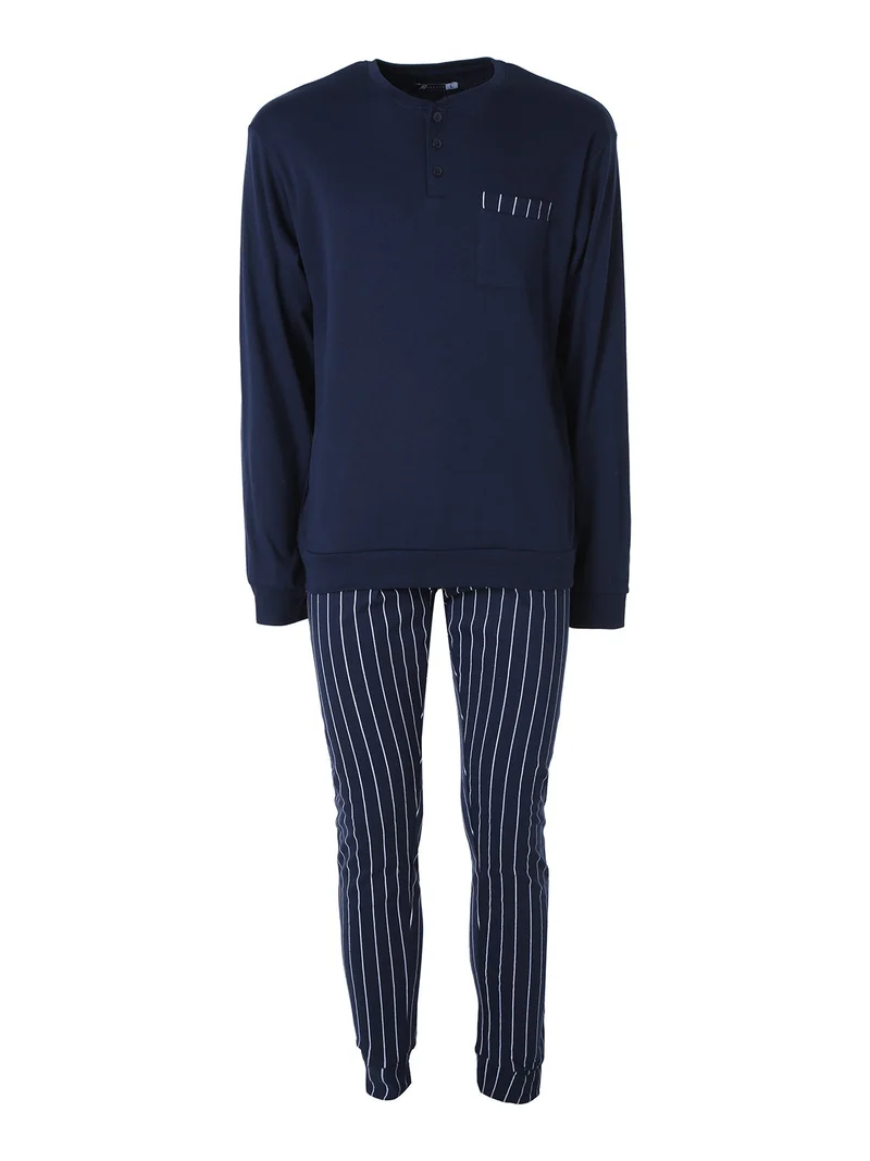 Pigiama lungo da uomo in cotone interlock con taschino e pantaloni a righe sottili - blu scuro