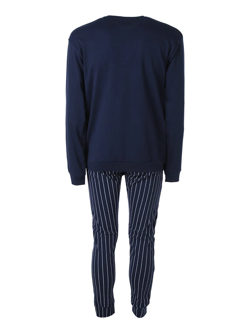 Pigiama lungo da uomo in cotone interlock con taschino e pantaloni a righe sottili - blu scuro