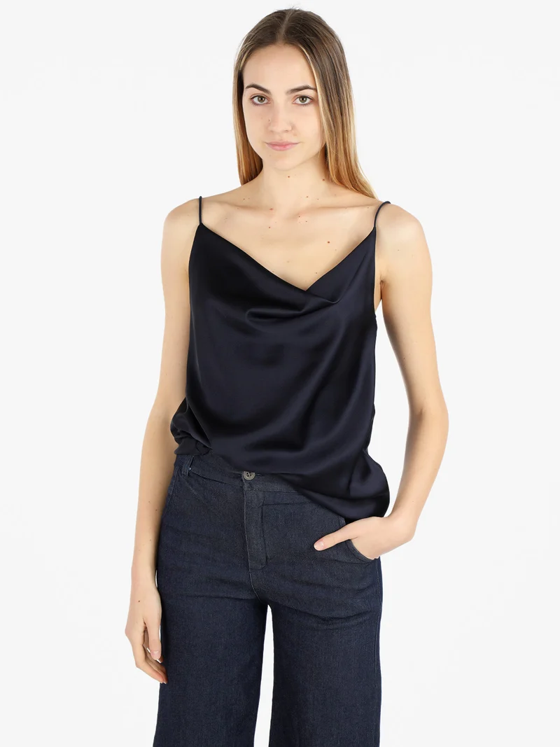 Top donna effetto raso con scollo a cascata - blu scuro