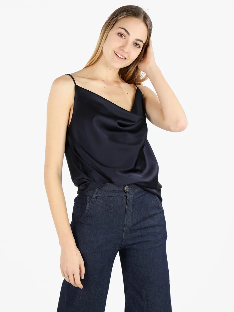 Top donna effetto raso con scollo a cascata - blu scuro