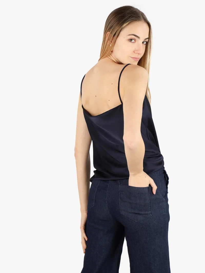 Top donna effetto raso con scollo a cascata - blu scuro