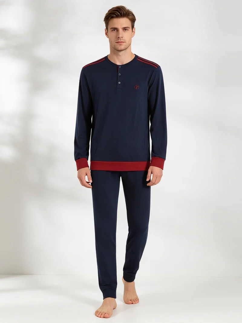 Pigiama lungo da uomo in cotone - blu scuro