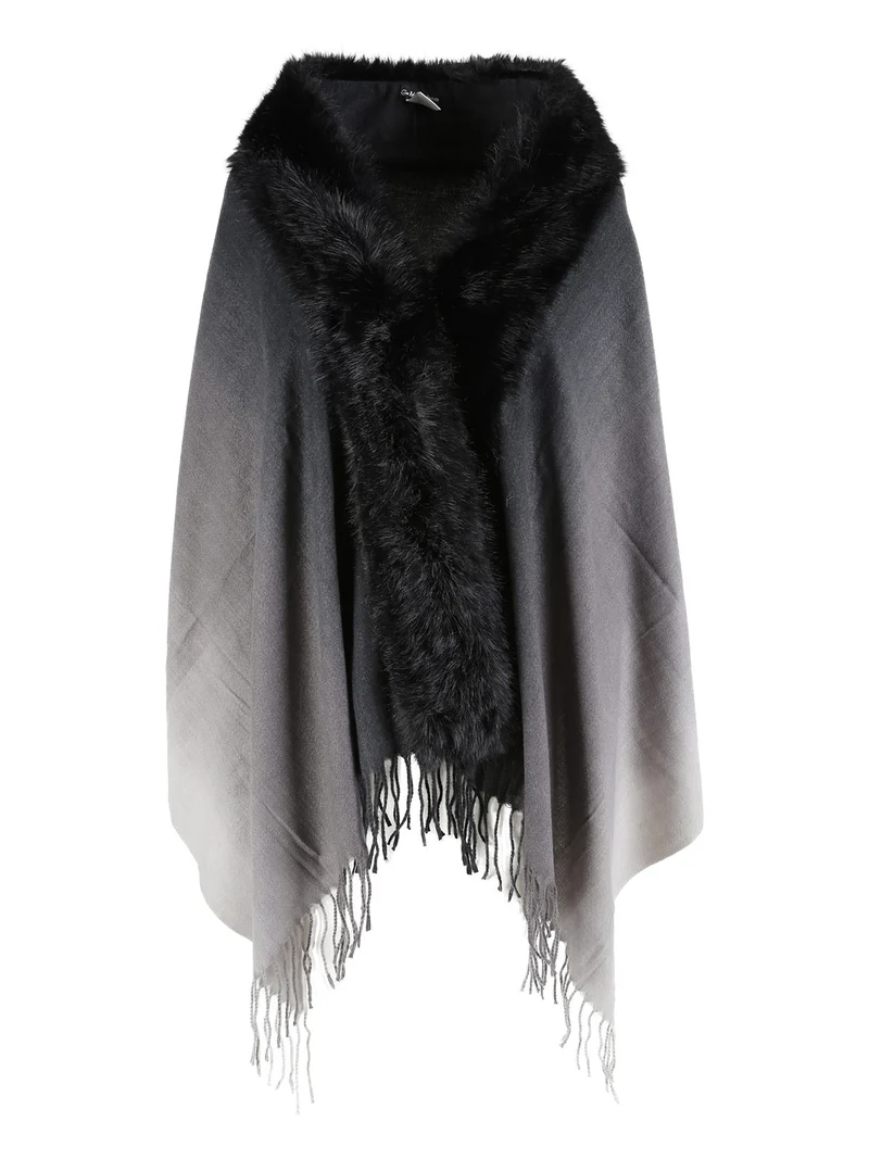 Mantella donna con scollo in ecopelliccia e frange - nero