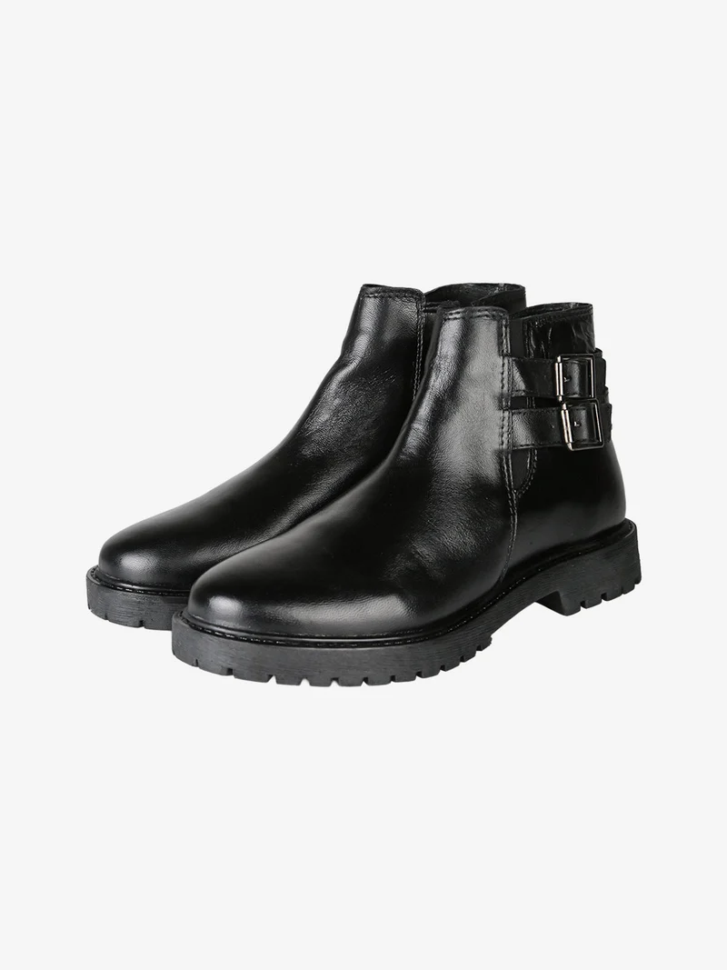 Stivaletti donna in pelle con doppia fibbia e zip - nero