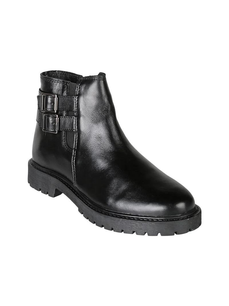 Stivaletti donna in pelle con doppia fibbia e zip - nero