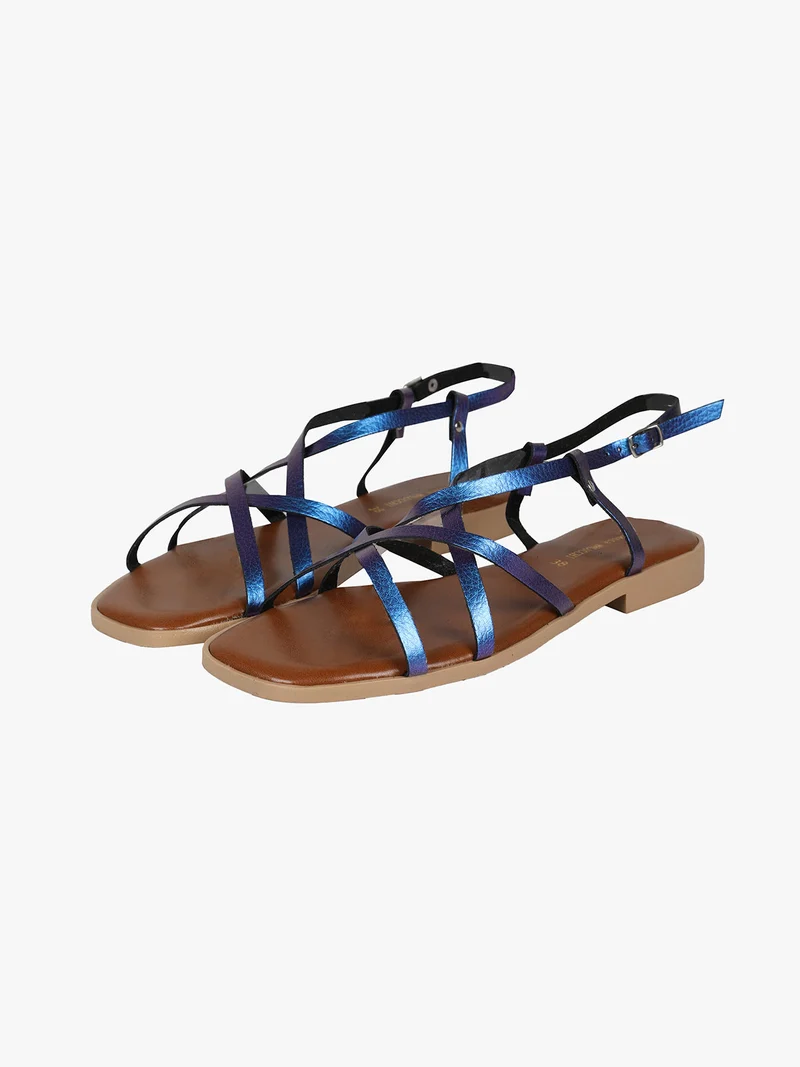 Sandali bassi in pelle da donna con fascette incrociate - blu