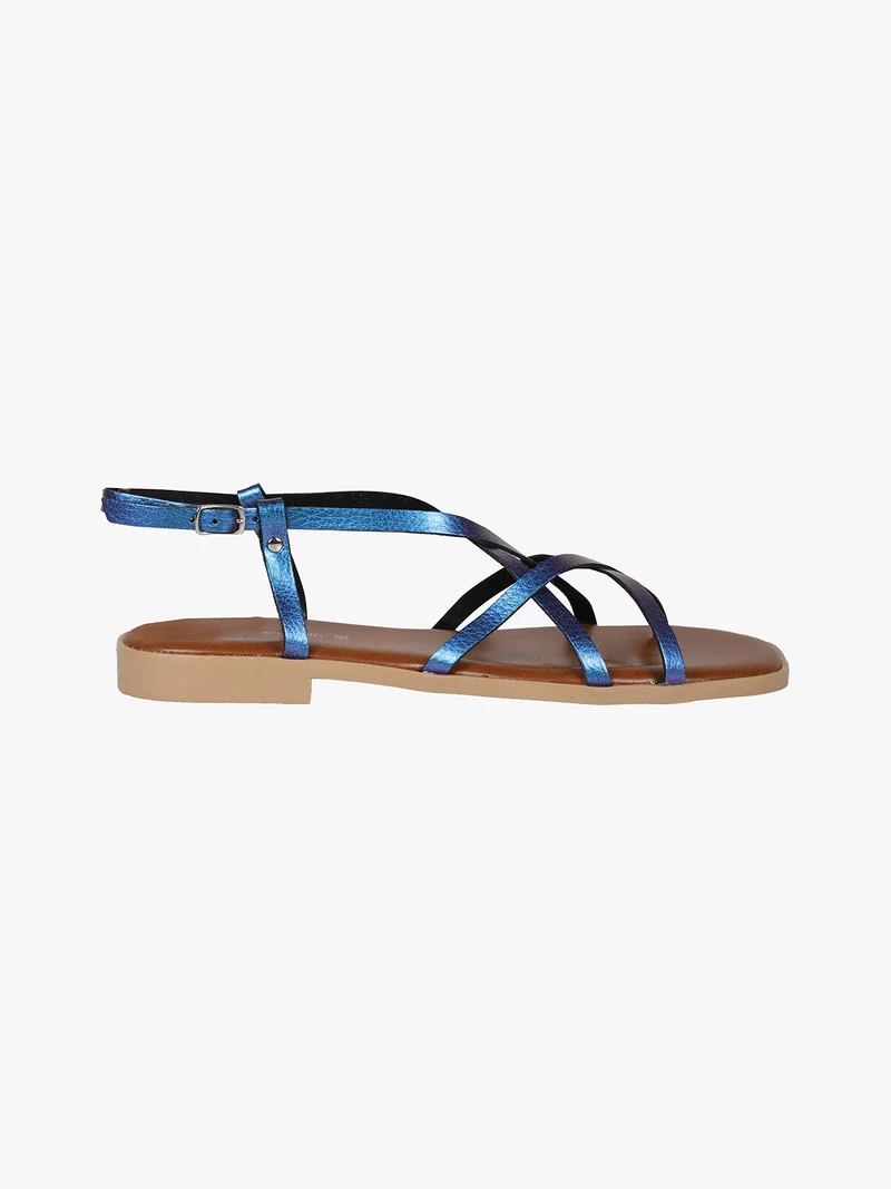 Sandali bassi in pelle da donna con fascette incrociate - blu