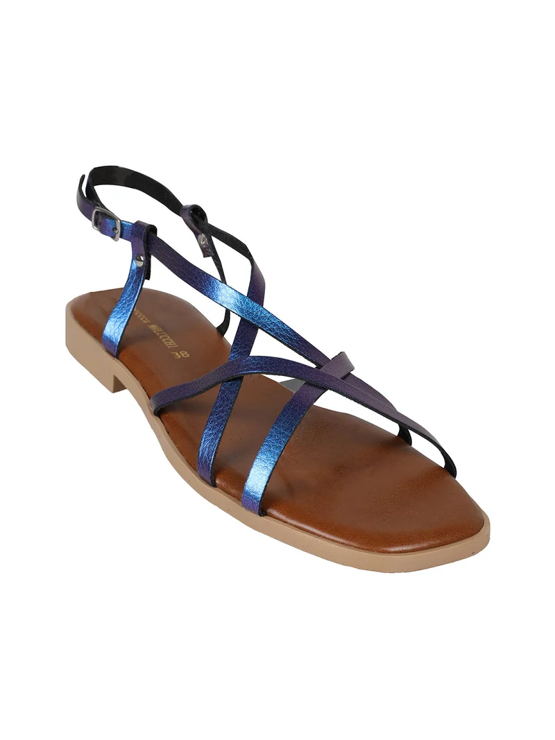 Sandali bassi in pelle da donna con fascette incrociate - blu