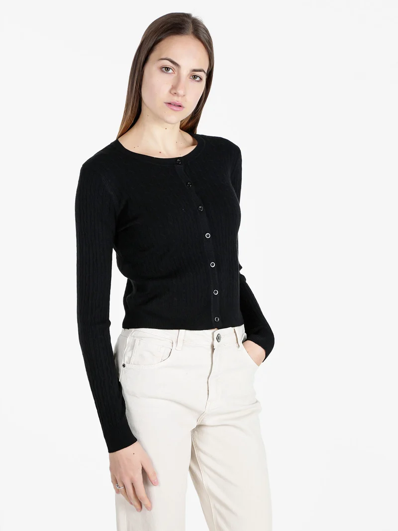 Cardigan donna a trecce con bottoni - nero