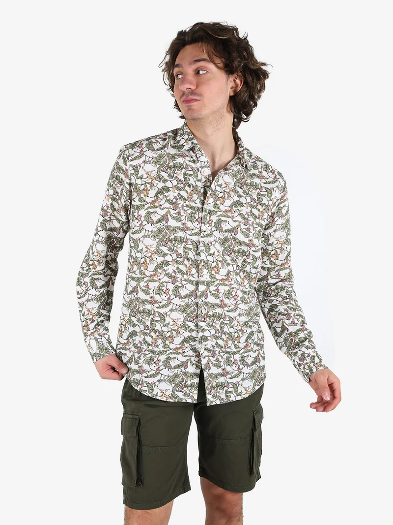 Camicia da uomo in misto lino a maniche lunghe con stampa disegni - multicolore