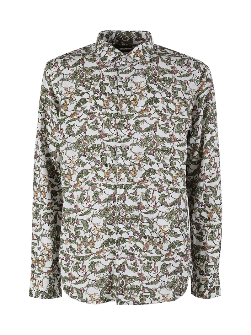 Camicia da uomo in misto lino a maniche lunghe con stampa disegni - multicolore
