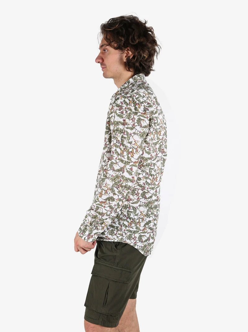 Camicia da uomo in misto lino a maniche lunghe con stampa disegni - multicolore