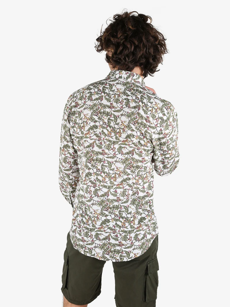 Camicia da uomo in misto lino a maniche lunghe con stampa disegni - multicolore