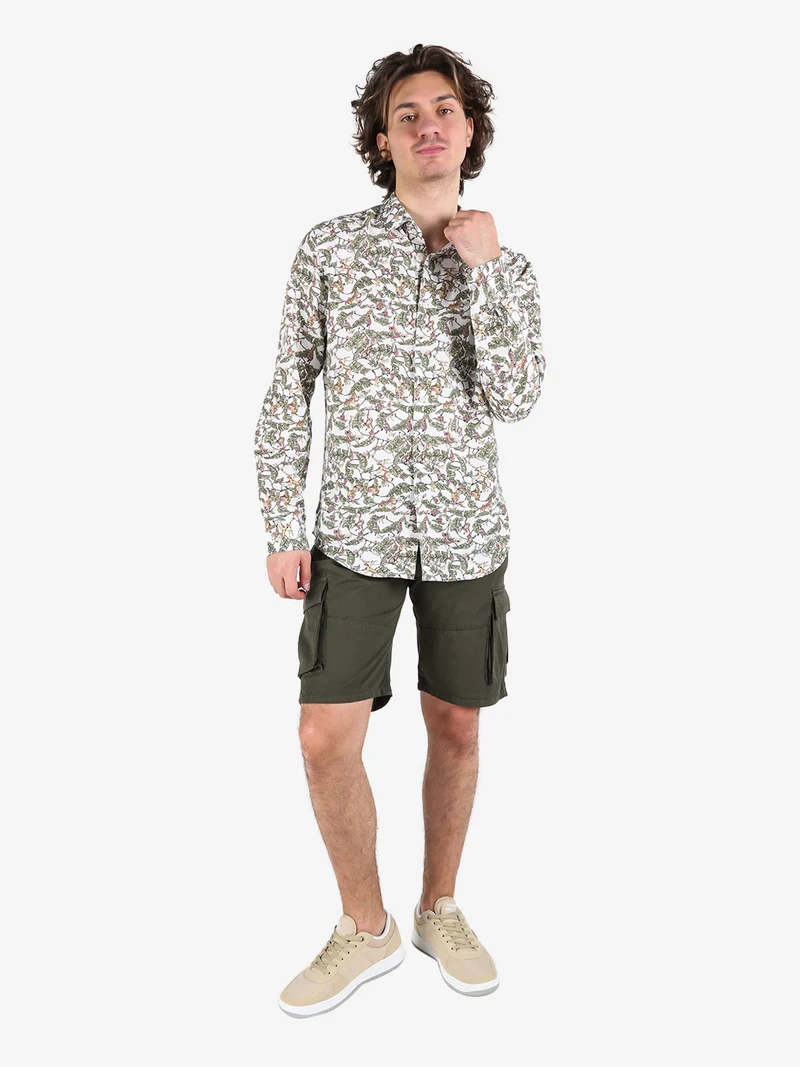 Camicia da uomo in misto lino a maniche lunghe con stampa disegni - multicolore