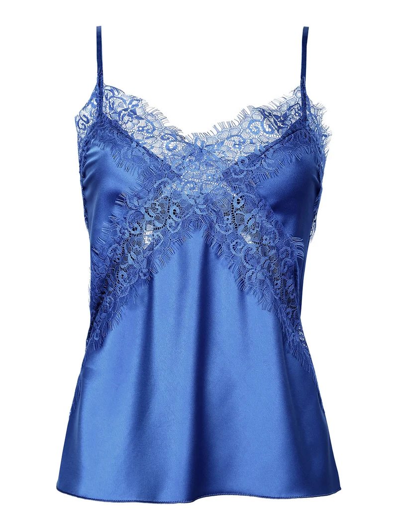 Top donna effetto raso con pizzo - blu