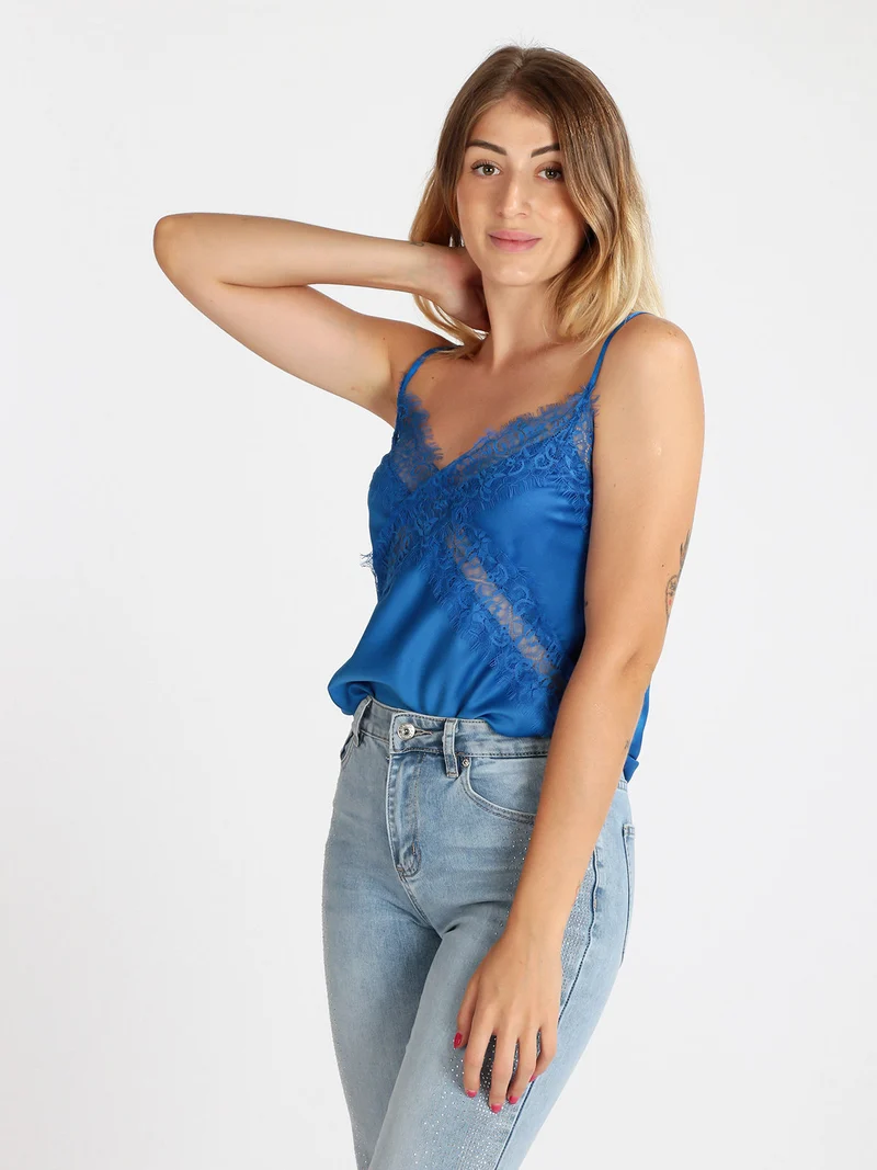 Top donna effetto raso con pizzo - blu