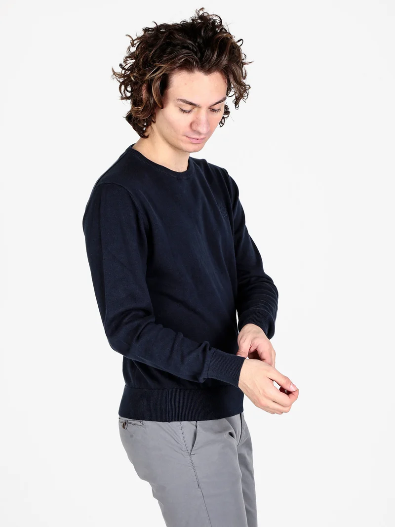 Pullover girocollo da uomo in cotone - blu scuro