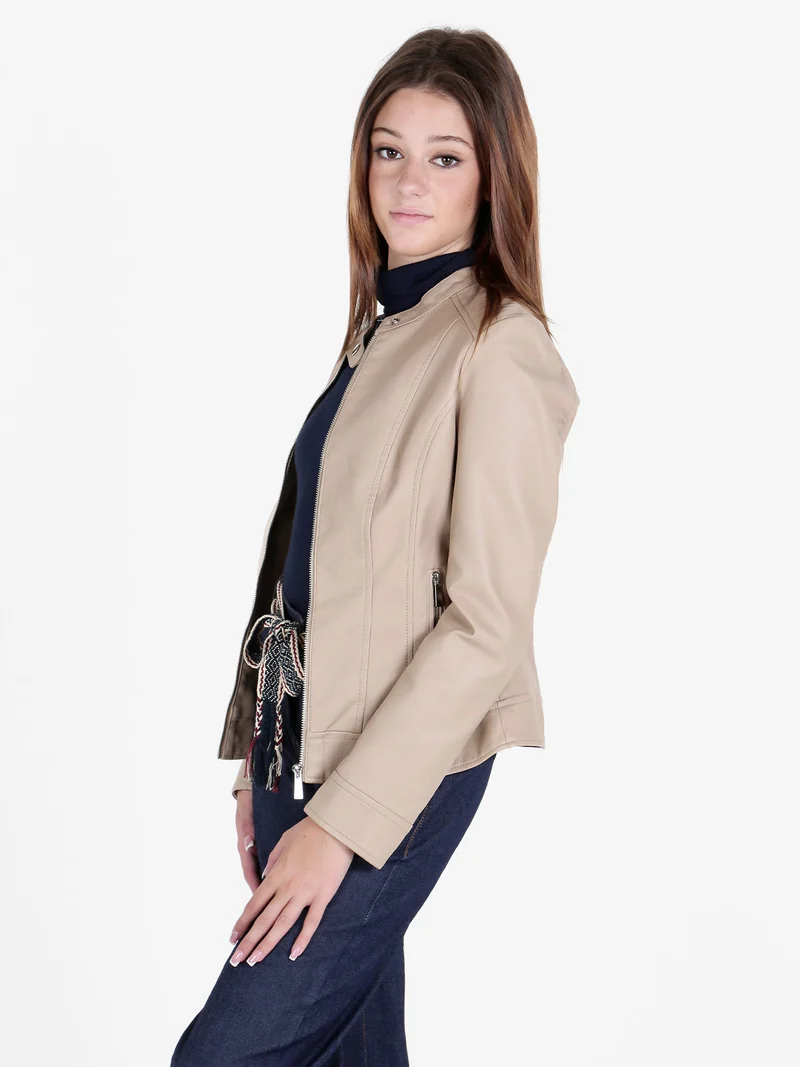 Giubbino donna in ecopelle con zip - beige