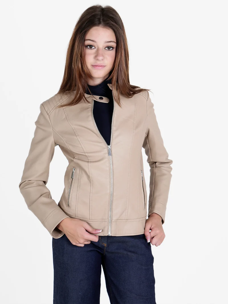 Giubbino donna in ecopelle con zip - beige