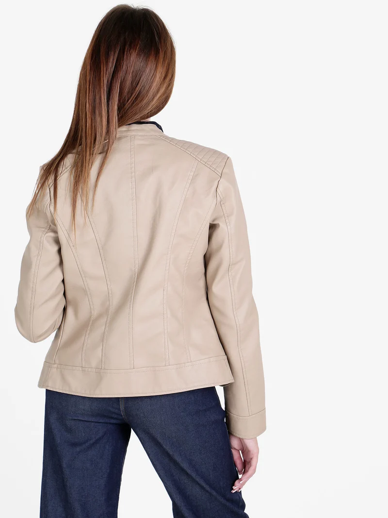 Giubbino donna in ecopelle con zip - beige
