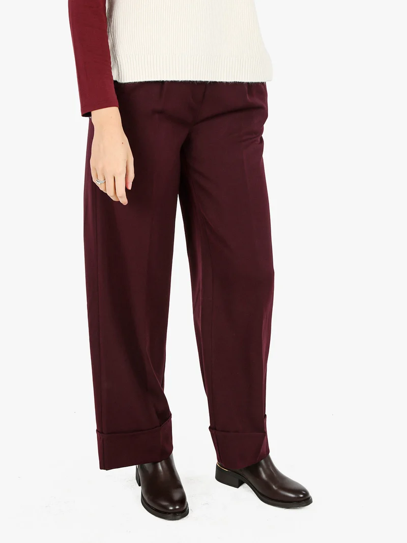 Pantaloni donna a gamba larga con risvolto - bordeaux