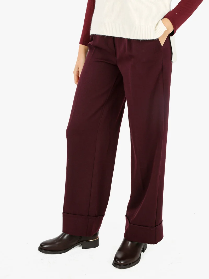 Pantaloni donna a gamba larga con risvolto - bordeaux