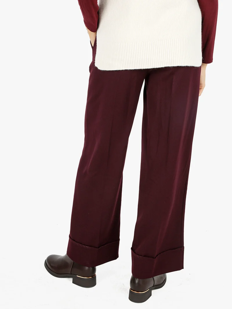 Pantaloni donna a gamba larga con risvolto - bordeaux