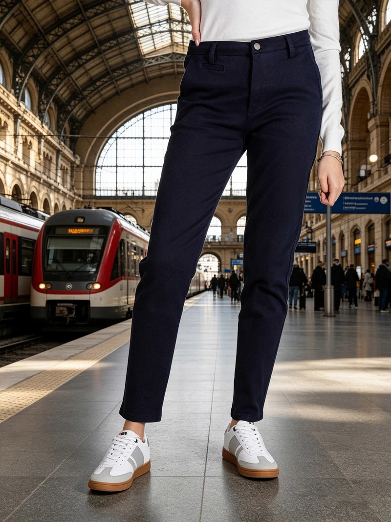 Pantaloni donna in cotone a gamba dritta - blu scuro