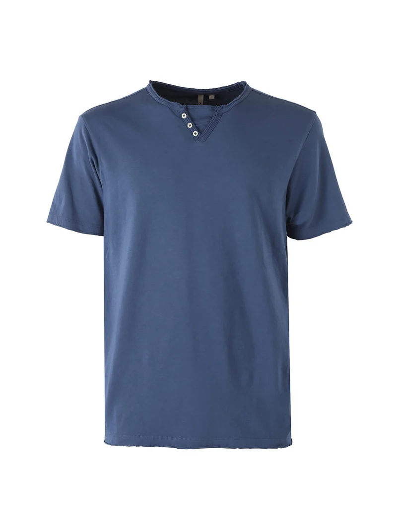 T-shirt da uomo in cotone con bottoncini sullo scollo - blu